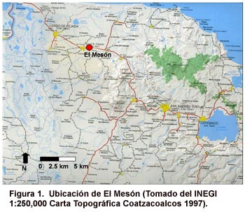 Figura 1. Ubicación de El Mesón (Tomado del INEGI 1:250,000 Carta Topográfica Coatzacoalcos 1997).