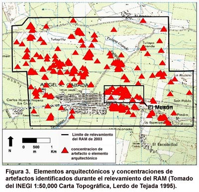 Figura 3. Elementos arquitectónicos y concentraciones de artefactos identificados durante el relevamiento del RAM (Tomado del INEGI 1:50,000 Carta Topográfica, Lerdo de Tejada 1995).