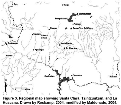 Figure 3. Regional map showing Santa Clara, Tzintzuntzan, and La Huacana. Drawn by H. Roskamp, 2004, modified by Maldonado, 2004. Click to enlarge.