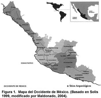 Figura 1. Mapa del Occidente de México. (Basado en Solís 1999, modificado por Maldonado, 2004). Haga clic para agrandar.