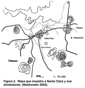 Figura 2. Mapa en el que se observa Santa Clara y sus alrededores (Maldonado 2002). Haga clic para agrandar.