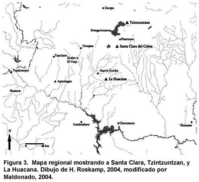 Figura 3. Mapa regional mostrando a Santa Clara, Tzintzuntzan y La Huacana. Dibujado por Roskamp, 2004, modificado por Maldonado, 2004. Haga clic para agrandar.