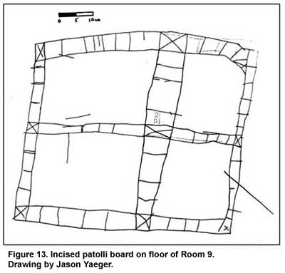 Figure 13. Incised patolli board on floor of Room 9. Drawing by Jason Yaeger.