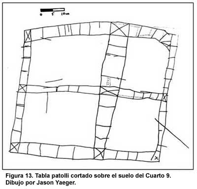 Figura 13. Tabla patolli cortado sobre el suelo del Cuarto 9. Dibujo por Jason Yaeger.