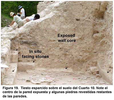 Figura 19. Tiesto esparcido sobre el suelo del Cuarto 10. Note el centro de la pared expuesta y algunas piedras revestidas restantes de las paredes.