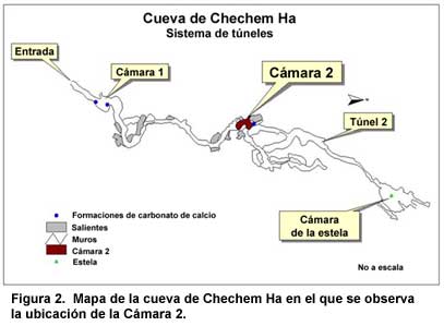 Figura 2. Mapa de la cueva de Chechem Ha en el que se observa la ubicación de la Cámara 2. Haga clic sobre la imagen para agrandar.