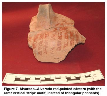 Figure 7. AlvaradoAlvarado red-painted cántaro (with the rarer vertical stripe motif, instead of triangular pennants).