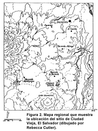Figura 2. Mapa regional que muestra la ubicación del sitio de Ciudad Vieja, El Salvador (dibujado por Rebecca Cutler).