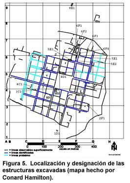 Figura 5. Localización y designación de las estructuras excavadas (mapa hecho por Conard Hamilton).