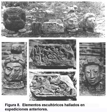 Figura 8. Elementos escultóricos encontrados en las primeras expediciones. Click to enlarge.