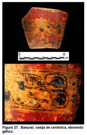 Figura 27. Pozo de basura, vasija cerámica, elemento glífico. Click to enlarge.