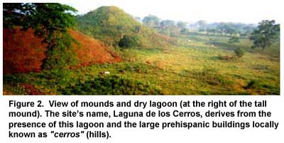 Figure 2. View of mounds and dry lagoon (at the right of the tall mound). The site's name, Laguna de los Cerros, derives from the presence of this lagoon and the large prehispanic buildings locally known as "cerros" (hills). Figure 2. View of mounds and dry lagoon (at the right of the tall mound). The site's name, Laguna de los Cerros, derives from the presence of this lagoon and the large prehispanic buildings locally known as "cerros" (hills).