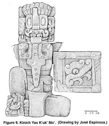 Figure 9. Kinich Yax K'uk' Mo'. (Drawing by José Espinoza.) Click to enlarge.