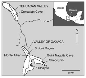 Figura 1a. Diagrama de los valles de Oaxaca y Tehuacán en México, mostrando los lugares mencionados en el texto.