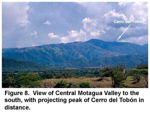 Figure 8. View of Central Motagua Valley to the south, with projecting peak of Cerro del Tobón in distance. Figure 8. View of Central Motagua Valley to the south, with projecting peak of Cerro del Tobón in distance.