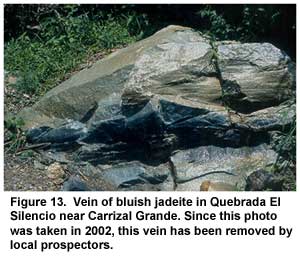 Figure 13. Vein of bluish jadeite in Quebrada El Silencio near Carrizal Grande. Since this photo was taken in 2002, this vein has been removed by local prospectors. Figure 13. Vein of bluish jadeite in Quebrada El Silencio near Carrizal Grande. Since this photo was taken in 2002, this vein has been removed by local prospectors.