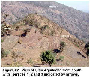 Figure 22. View of Sitio Aguilucho from south, with Terraces 1, 2 and 3 indicated by arrows.