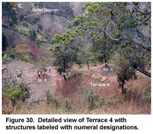 Figure 30. Detailed view of Terrace 4 with structures labeled with numeral designations. Figure 30. Detailed view of Terrace 4 with structures labeled with numeral designations.