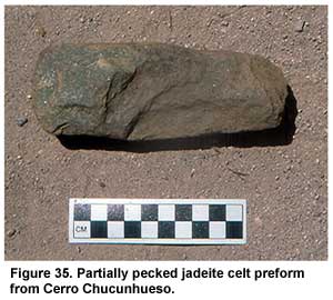 Figure 35. Partially pecked jadeite celt preform from Cerro Chucunhueso. Figure 35. Partially pecked jadeite celt preform from Cerro Chucunhueso.