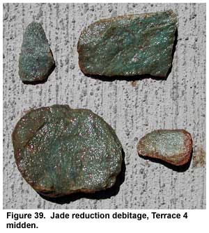 Figure 39. Jade reduction debitage, Terrace 4 midden. Figure 39. Jade reduction debitage, Terrace 4 midden.