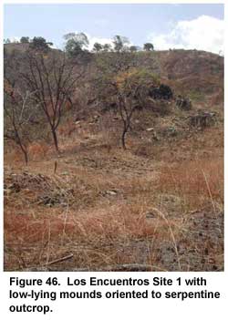 Figure 46. Los Encuentros Site 1 with low-lying mounds oriented to serpentine outcrop. Figure 46. Los Encuentros Site 1 with low-lying mounds oriented to serpentine outcrop.