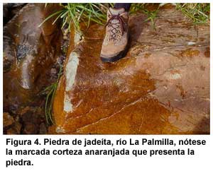 Figura 4. Piedra de jadeíta, río La Palmilla, nótese la marcada corteza anaranjada que presenta la piedra. Figura 4. Piedra de jadeíta, río La Palmilla, nótese la marcada corteza anaranjada que presenta la piedra.