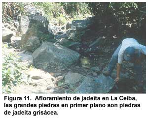 Figura 11. Afloramiento de jadeíta en La Ceiba, las grandes piedras en primer plano son piedras de jadeíta grisácea. Figura 11. Afloramiento de jadeíta en La Ceiba, las grandes piedras en primer plano son piedras de jadeíta grisácea.