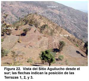 Figura 22. Vista del Sitio Aguilucho desde el sur; las flechas indican la posición de las Terrazas 1, 2, y 3. Figura 22. Vista del Sitio Aguilucho desde el sur; las flechas indican la posición de las Terrazas 1, 2, y 3.