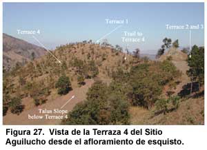 Figura 27. Vista de la Terraza 4 del Sitio Aguilucho desde el afloramiento de esquisto (véase la fig. 23). Figura 27. Vista de la Terraza 4 del Sitio Aguilucho desde el afloramiento de esquisto (véase la fig. 23).