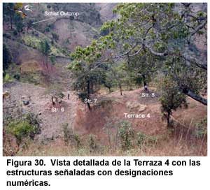 Figura 30. Vista detallada de la Terraza 4 con las estructuras se&ntilde;aladas con designaciones num&eacute;ricas.