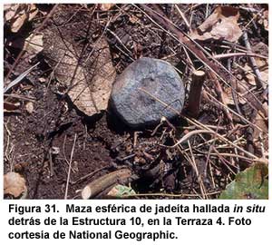 Figura 31. Maza esf&eacute;rica de jade&iacute;ta hallada in situ detr&aacute;s de la Estructura 10, en la Terraza 4. Foto cortes&iacute;a de National Geographic.