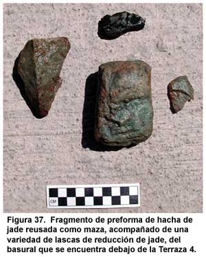 Figura 37. Fragmento de preforma de hacha de jade reusada como maza, acompa&ntilde;ado de una variedad de lascas de reducci&oacute;n de jade, del basural que se encuentra debajo de la Terraza 4.