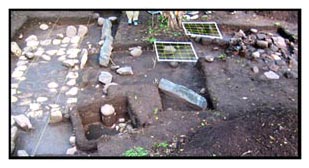 Figure 45. El Coyote, Pavement in copper processing area: Overview, pavement (left) and in situ furnace (right).