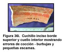 Figura 36i. Cuchillo inciso borde superior y cuello interior mostrando errores de cocción - burbujas y pequeñas escamas.