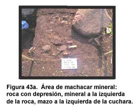 Figura 43a. Área de machacar mineral: roca con depresión, mineral a la izquierda de la roca, mazo a la izquierda de la cuchara.