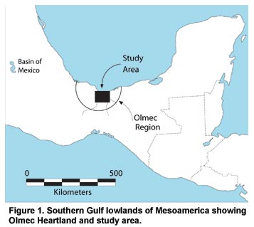 Figure 1. Southern Gulf lowlands of Mesoamerica showing Olmec Heartland and study area.