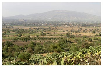 Figura 15. Vista General del Valle de Teotihuacán de las cuestas de las montañas Patlachique. Cerro Gordo y las pirámides en el fondo, Sitio 520 en el centro de la foto.