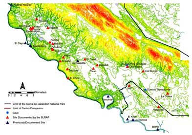 Figura 1. Mapa arqueológico de la Sierra del Lacandón después de tres años de reconocimiento por el Proyecto Regional Arqueológico Sierra del Lacandón.