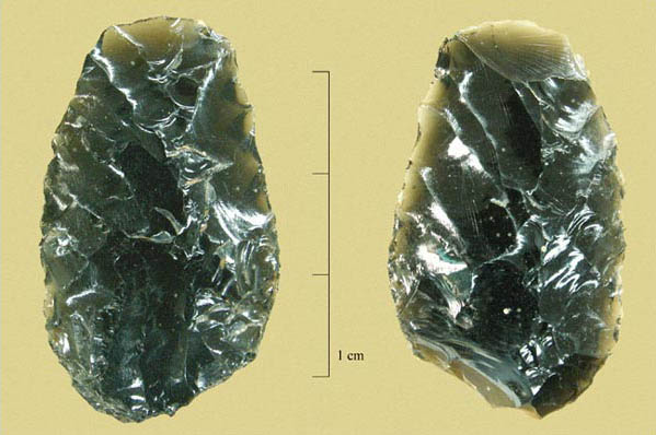 Figure 7i. Obsidian biface from the excavation unit in field 3 closest to the hill/pyramid. Photo by Karin Rebnegger and Chris Valvano.