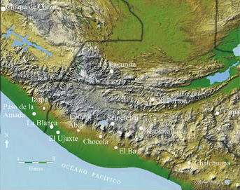 Figura 1. Mapa de la costa del Pacífico de Guatemala, mostrando la localización de La Blanca y de otros sitios.
