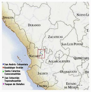 Figure 1. Zone occupied by the Huichol communities in the area of the Chapalagana River. The map was drawn from the political division of the Estados Unidos Mexicanos, included in the Atlas del México prehispánico. Especial Arqueología Mexicana 5, INAH, 2000:6.