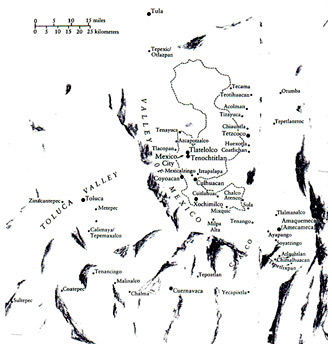 Map 1. The Basin of México and surrounding areas mentioned in "Información de doña Isabel de Moctezuma" based on a map in Lockhart J. 1992:16.