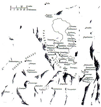 Mapa 1. La Cuenca de México y áreas circundantes mencionadas en la 'Información de doña Isabel de Moctezuma', basado en un mapa que aparece en Lockhart J. 1992:16.