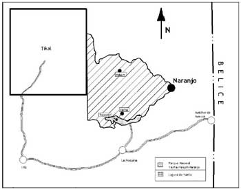 Figure 1. Location of Naranjo archaeological site (Triangle and Belize map).