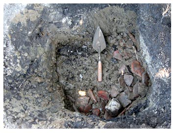 Figure 5. Photo showing test pit CHI.08.39.14.01, which located a midden, perhaps associated with nearby Mound 35.