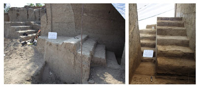 Figure 10. Trench to the south of the North Platform: main staircase of first and second building stage, rising from paleosoil (left: upper flight, right: lower flight).