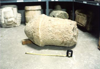 Figure 6. Uxmal sculpted limestone phallus. Height: 24" Date: Late Classic/Terminal Classic. Bodega of the Museo Regional de Antropolog&iacute;a, M&eacute;rida, Yucat&aacute;n.