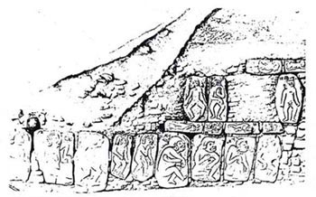 Figure 6. Drawing of the Danzantes wall from Batres (1902). From Scott 1978. Figure 6. Drawing of the Danzantes wall from Batres (1902). From Scott 1978.