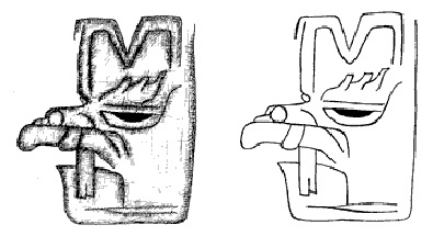 Figure 6b. Incised Image from Las Limas Figure, left shoulder, Museo de Antropologia de Xalapa, M&eacute;xico