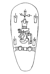 Figure 7a. Incised Image from celt, blue/green jade, Arroyo Pesquero, M&eacute;xico. Private Collection, Height: 24.8 cm, Width: 10.2 cm